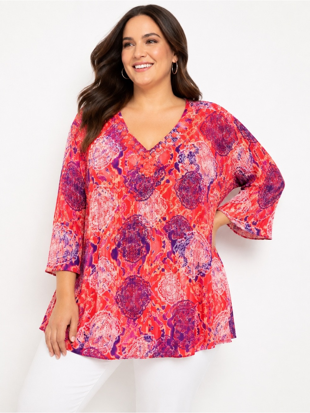 Catherines Pleated Beaded Medallion Print Sheer Tunic Blouse Coral 3/4 Sleeve
